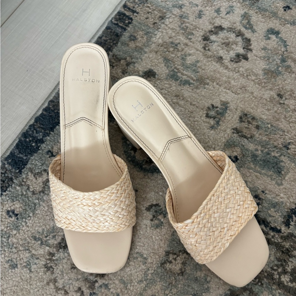 Halston Beige Woven Slide Sandals